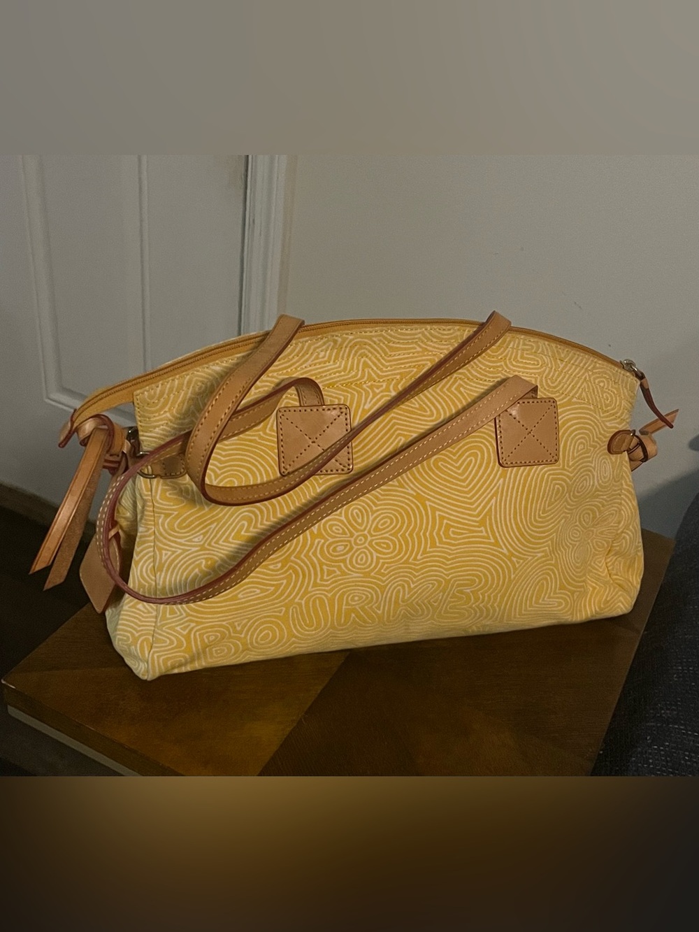 Dooney & Bourke Yellow White Patterned Tote with Tan Leather Trim - Picture 2 of 7